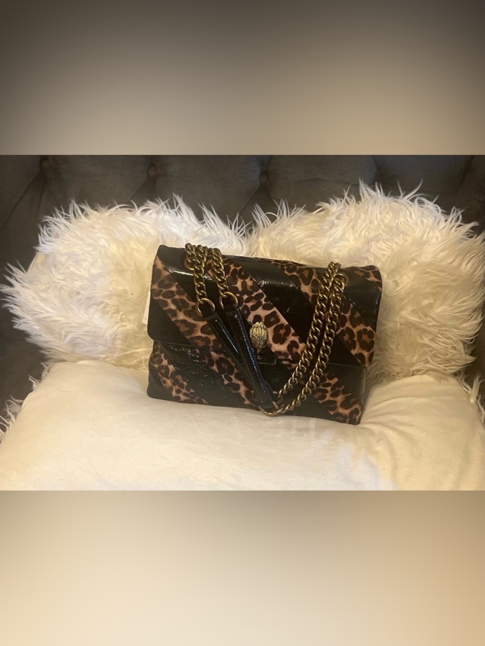 🐆Kurt Geiger Leopard Print & Black Patent Shoulder Bag with Gold Chain & Wallet - Picture 9 of 11